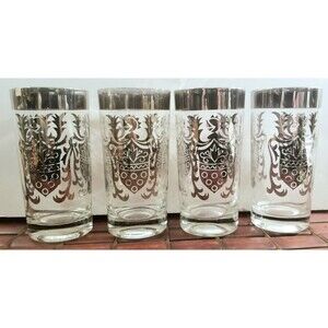 Set of 4 Midcentury Kimiko Silver Knight's Coat of Arms Cocktail Glasses